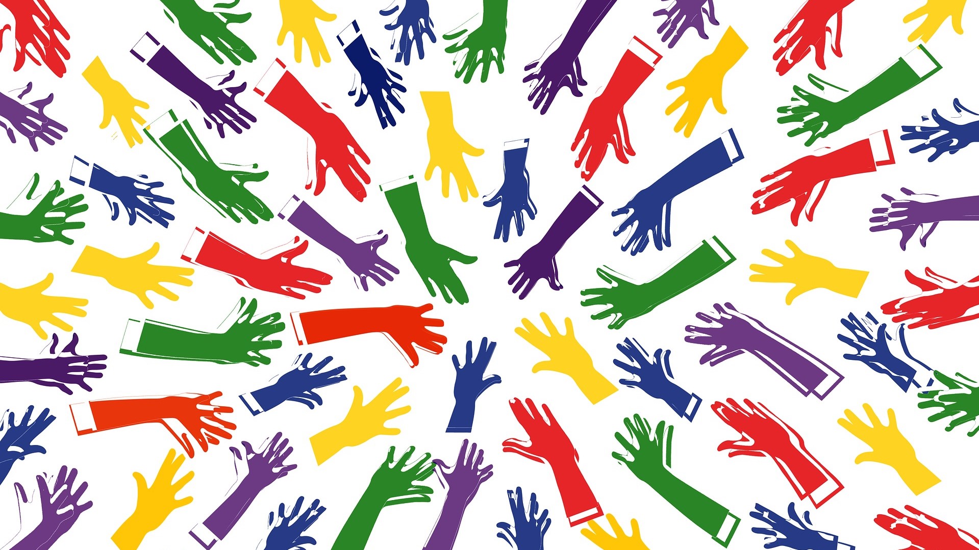 multicoloured hands reaching to centre