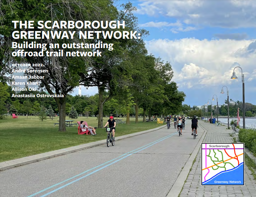 Report cover The Scarborough Greenway Network over photo of street with cyclists