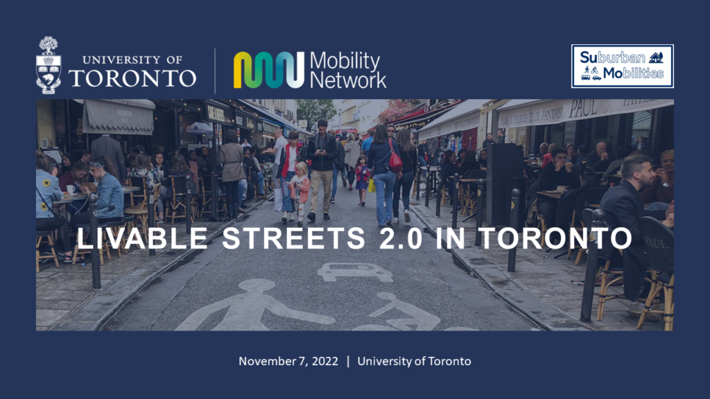 event details, University of Toronto crest and wordmark, Mobility Network logo and wordmark, Suburban Mobilities logo, dark blue background with centre photo of multi-use street