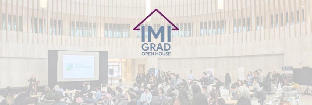IMI Grad Open House event graphic of seated audience, presenter, logo