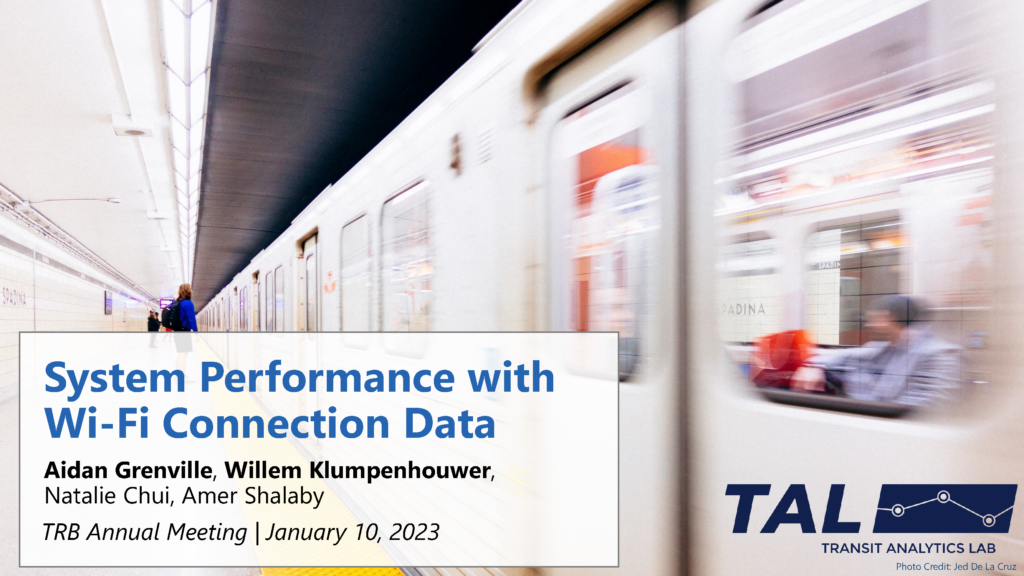 TRB 2023 Research Presentation (click image to open presentation file PDF). Methods for Analyzing Subway System Performance and User Experience Using WiFi Connection Data. Authors: Aidan Grenville, Willem Klumpenhouwer, Natalie Chui, Amer Shalaby.