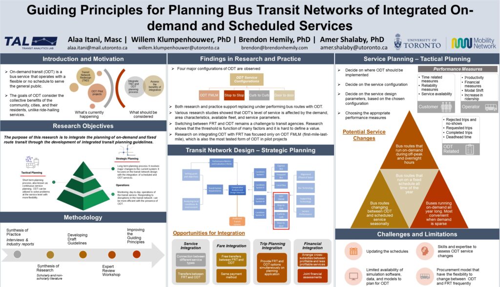 TRB2023 Research Poster. Title: Guiding Principles for Planning Bus Transit Networks of Integrated On-demand and Scheduled Services. Authors: Alaa Itani, MASc, Willem Klumpenhouwer PhD, Brendon Hemily PhD, Amer Shalaby PhD.