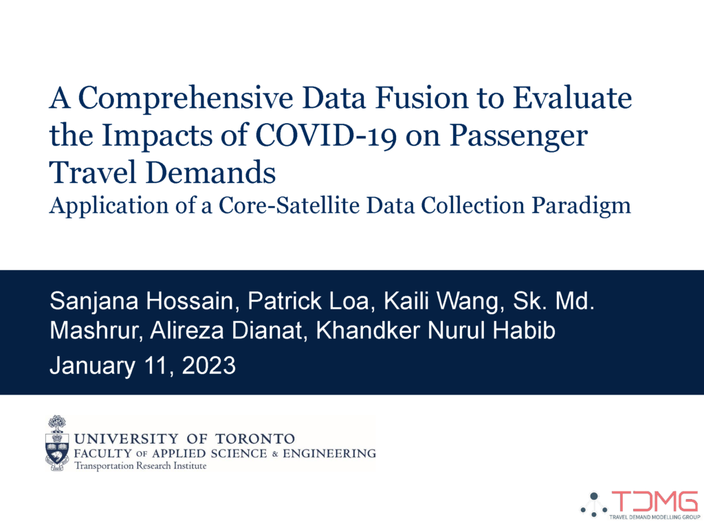 TRB 2023 Research Presentation (click image to open presentation file PDF). Title: A Comprehensive Data Fusion to Evaluate the Impacts of COVID-19 on Passenger Travel Demands: Application of a Core-Satellite Data Collection Paradigm. Authors: Sanjana Hossain, Patrick Loa, Kaili Wang, Sk. Md. Mashrur, Alireza Dianat, Khandker Nurul Habib.