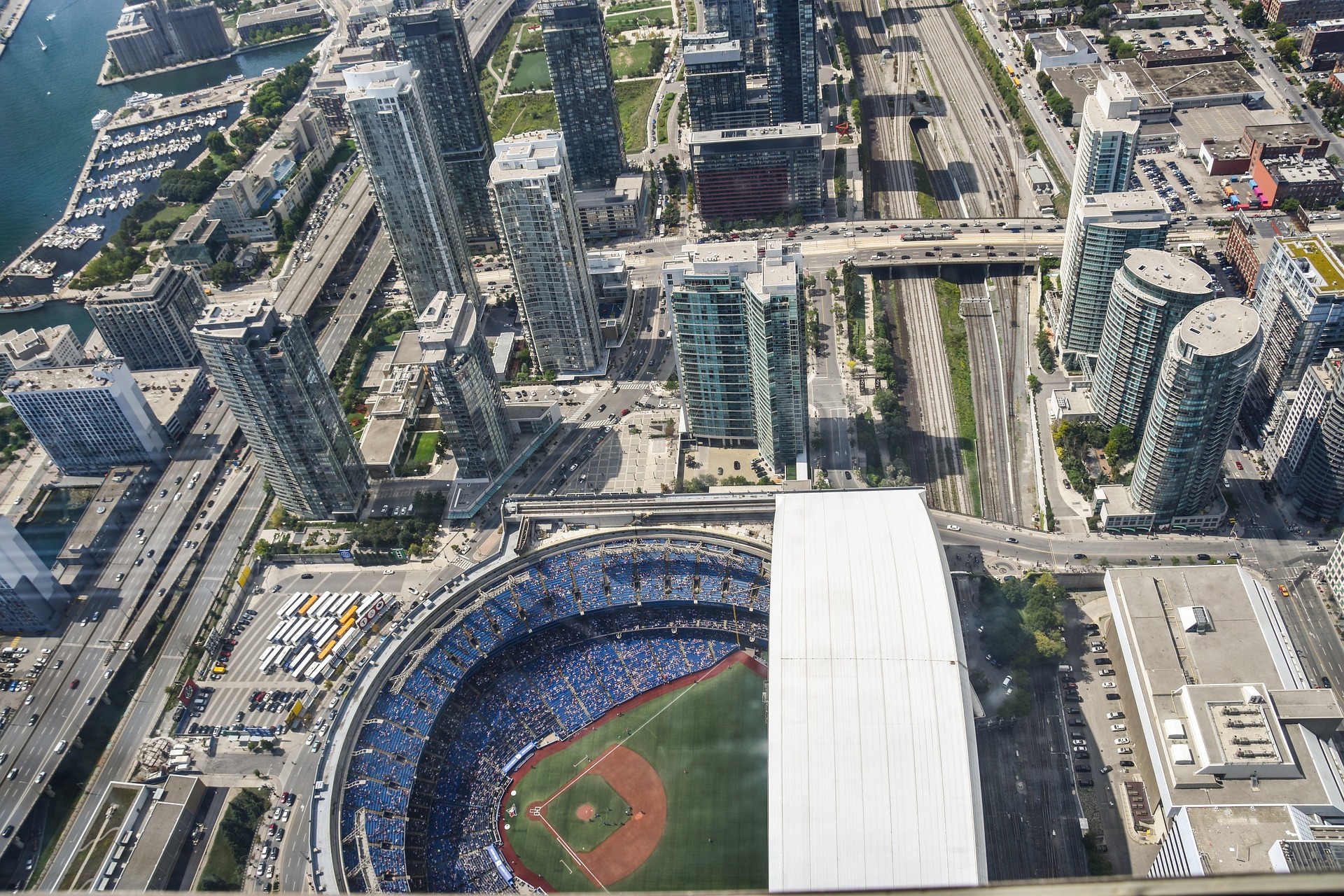 Aerial view of downtown Toronto including Rogers Centre dome stadiuam