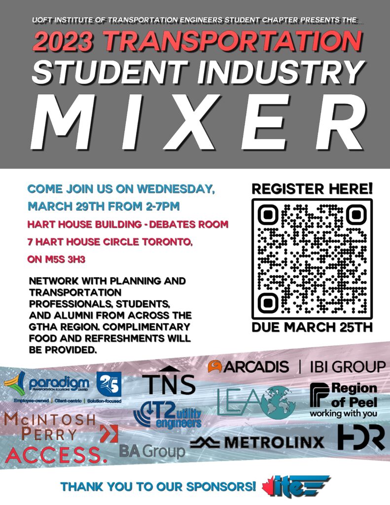 2023 Student Industry Mixer flyer, text details, sponsor logos, QR code 