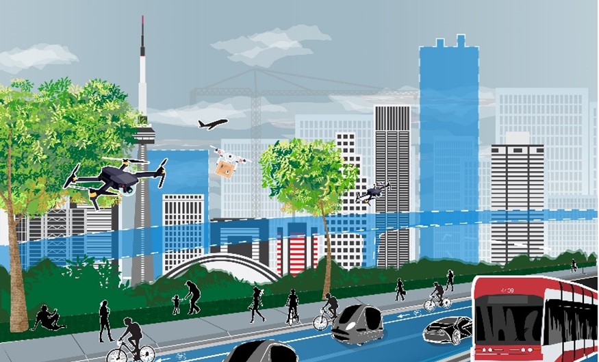 graphic image of highway featuring transformative transportation modes, Toronto skyline with CN Tower